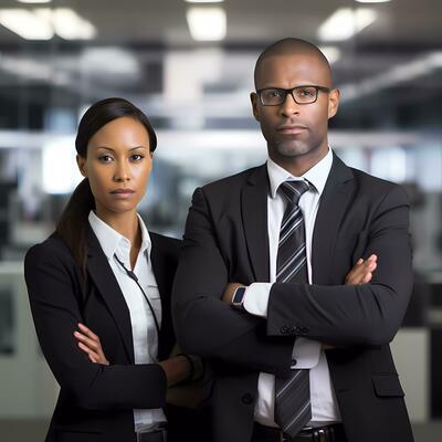 ai-generated-two-business-people-standing-together-in-an-office-head-shot-portrait-photo